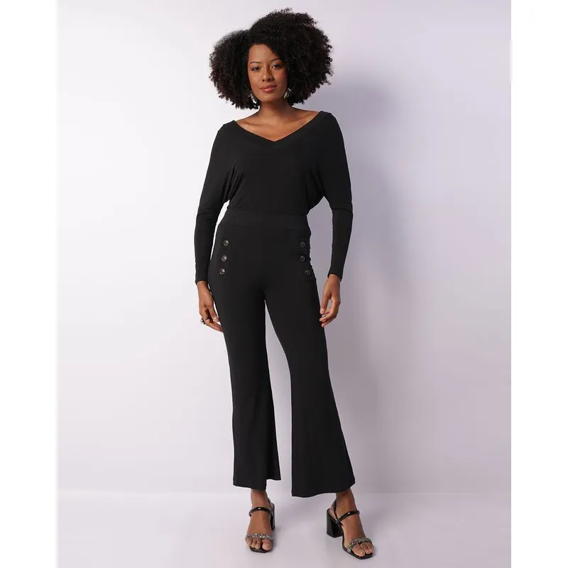 Calça Feminina Pantalona Viscose Botões Decorativo Preta GG