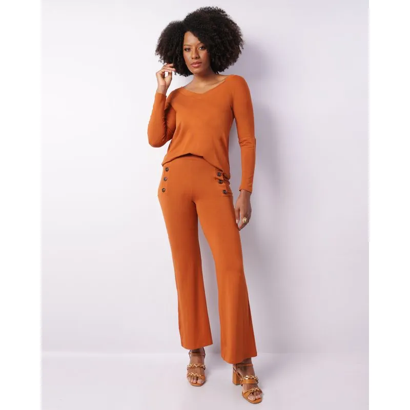 Calça Feminina Pantalona Viscose Botões Decorativo Terracota M