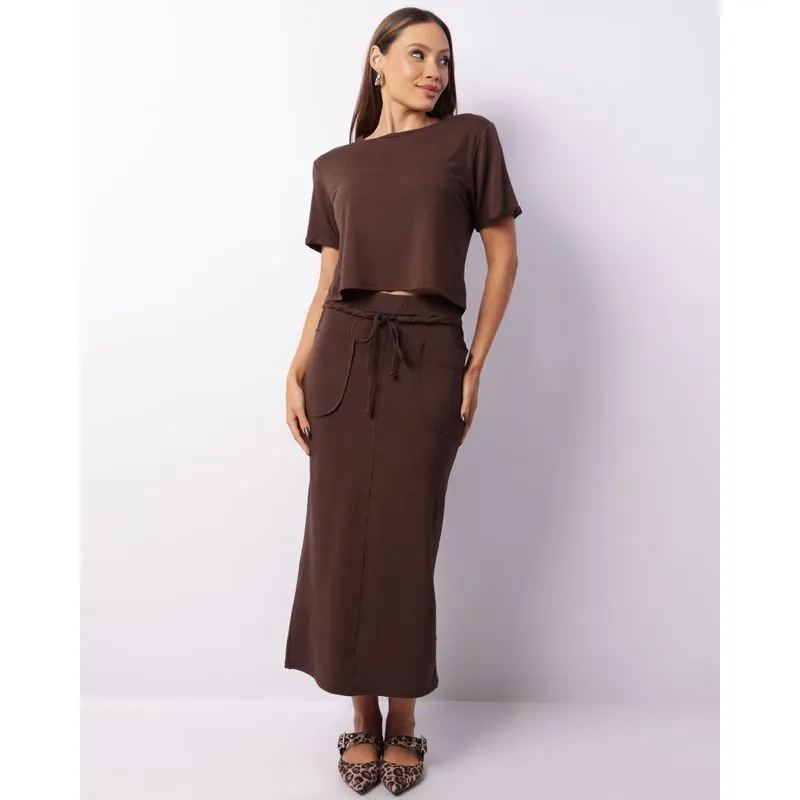 Saia Feminina Midi Viscose Com Bolsos Fenda Marrom GG