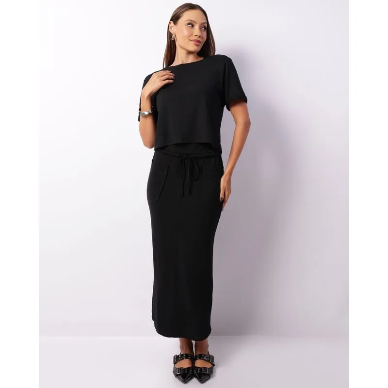 Saia Feminina Midi Viscose Com Bolsos Fenda Preta G