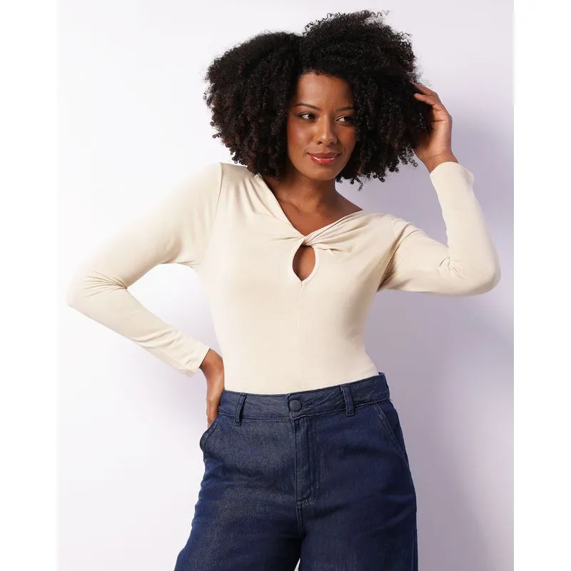 Blusa Feminina Manga Longa Viscose Transpassada Bege GG