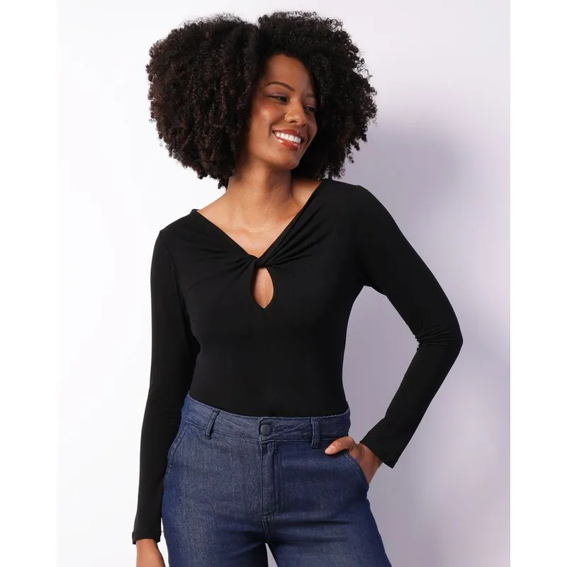 Blusa Feminina Manga Longa Viscose Transpassada Preta M
