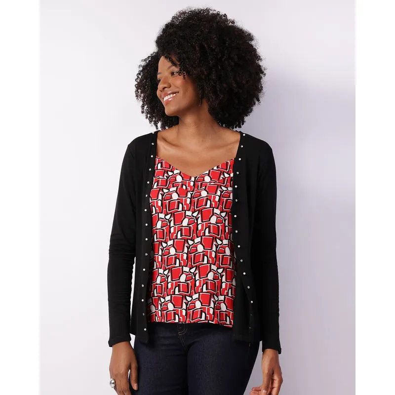 Cardigan Feminino Viscose Com Aplicação Preto M