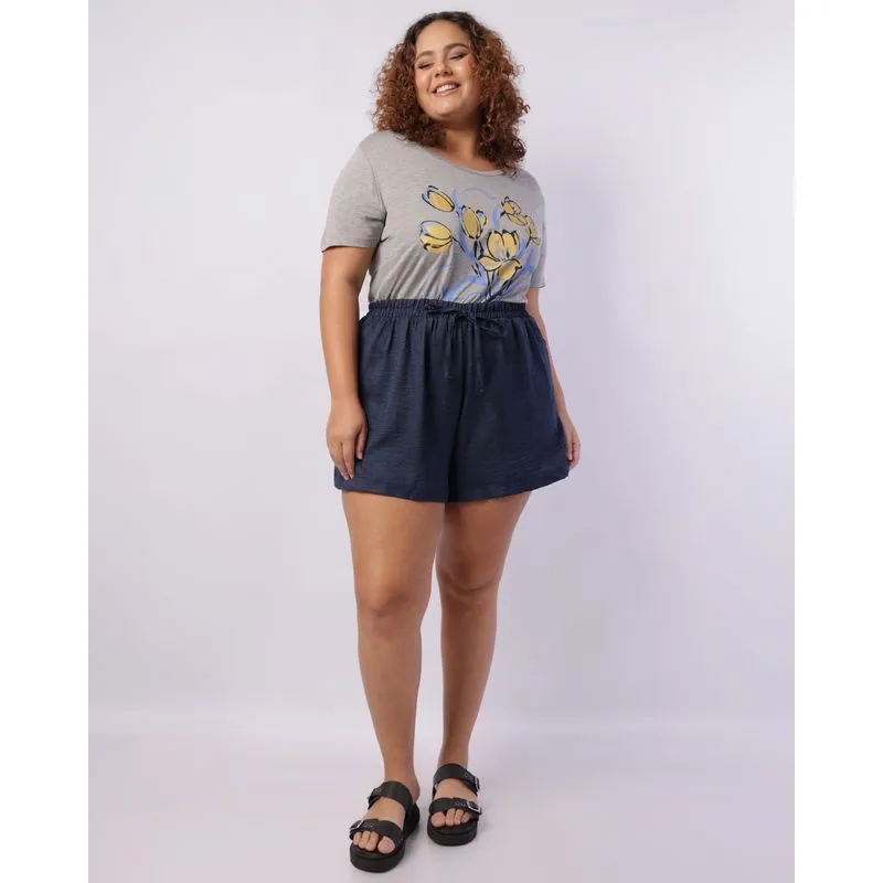 Short Plus Size Feminino Curto Crepe Azul G1