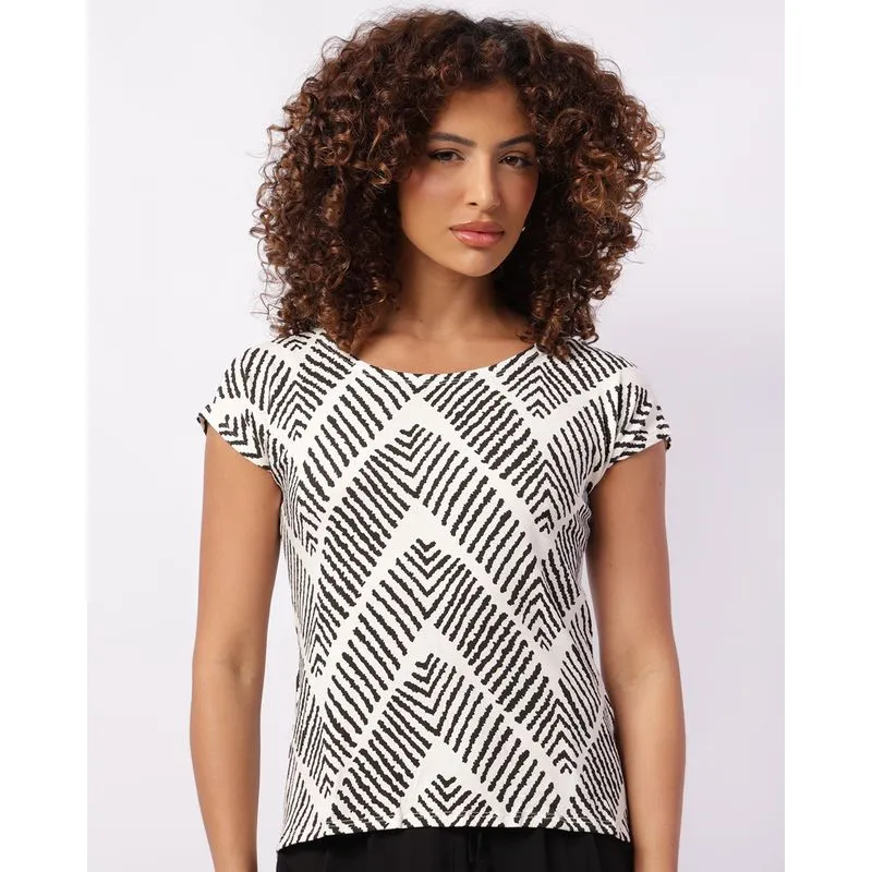 Blusa Feminina Decote Canoa Estampada Off White G