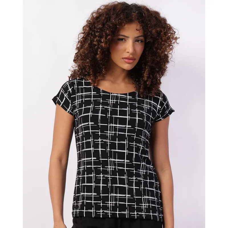 Blusa Feminina Decote Canoa Estampada Preta GG