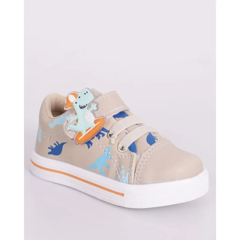 Tênis Bebê com Tiras Fixadoras Aplicação Dino Skate Bege 20