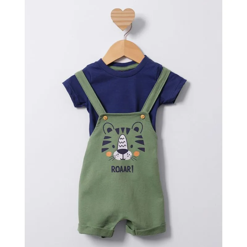 Conjunto Jardineira Bebê Curto Com Estampa Tigre Verde G