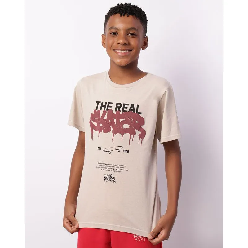 Camiseta Juvenil Estampa Frontal Manga Curta Bege 14