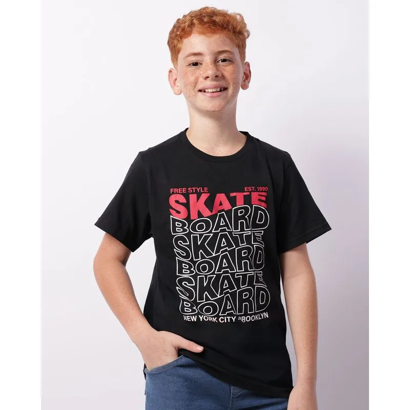 Camiseta Juvenil Manga Curta Estampada Preta 14