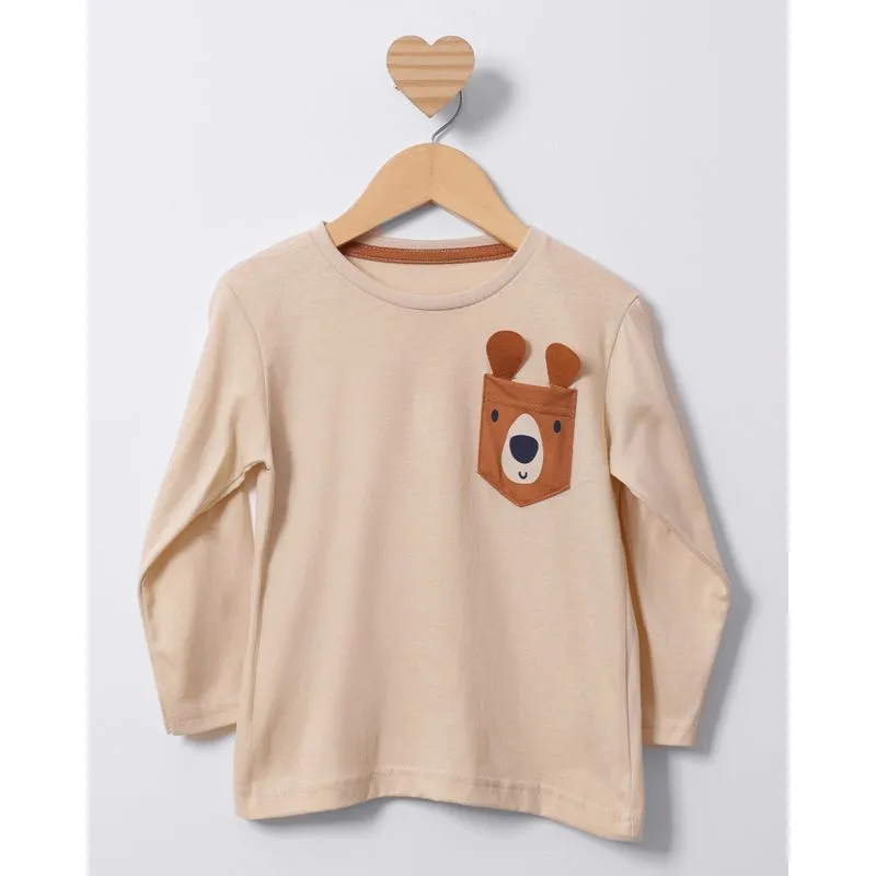 Camiseta Bebê Bolsinho Estampa Interativa Manga Longa Bege 2