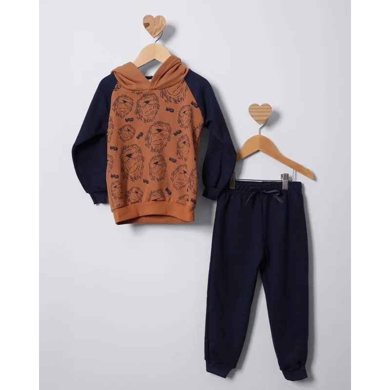 Conjunto Moletom Bebê Com Capuz Estampa Leão Marrom 3