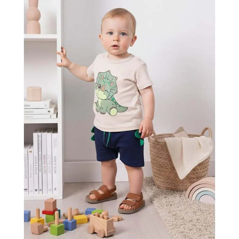 Conjunto Bebê Curto Algodão Estampa Interativa Dinossauro Bege P
