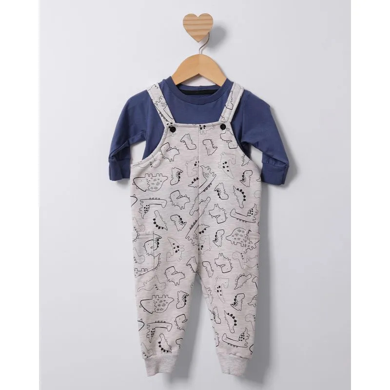 Conjunto Jardineira Bebê Moletinho Com Estampa Dino Bolsos Cinza G