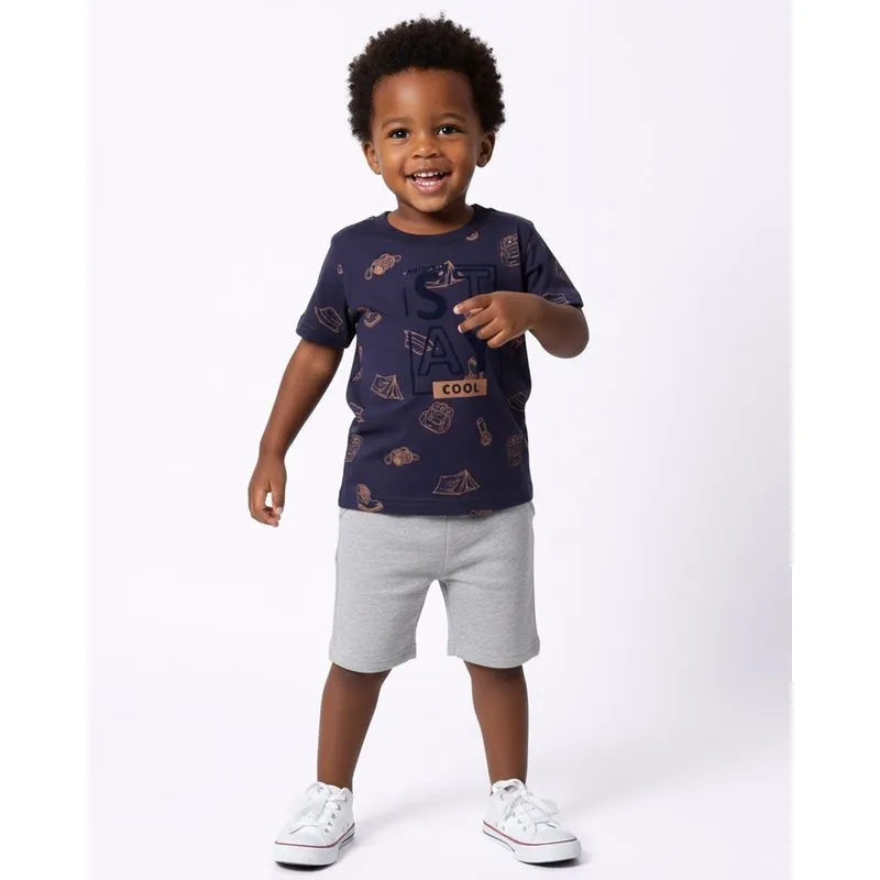 Camiseta Bebê Manga Curta Estampa Flocada Marinho 1