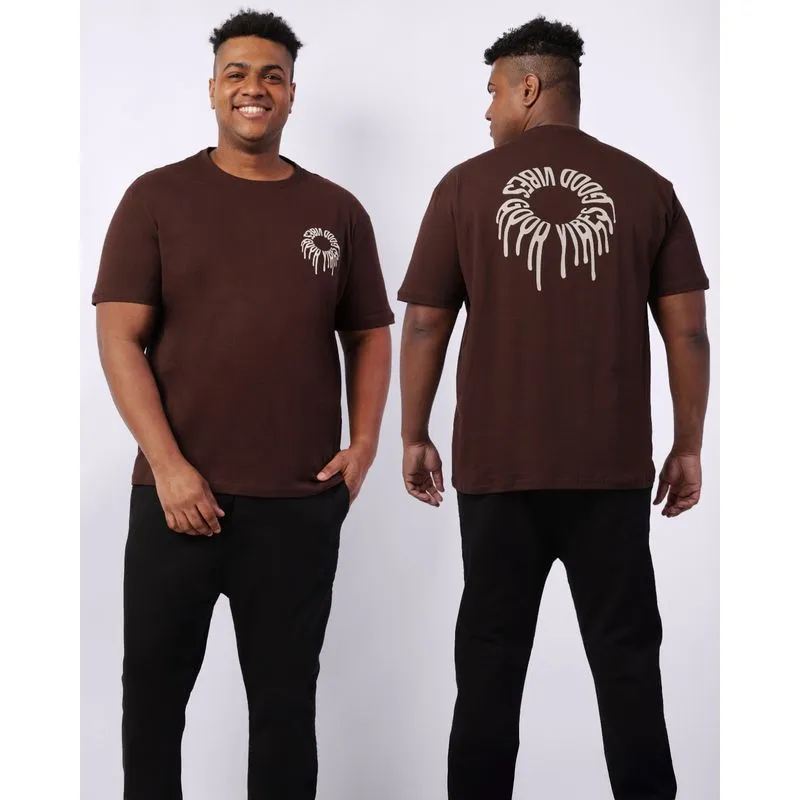 Camiseta Plus Size Masculina Estampa Frente e Costas Marrom G4
