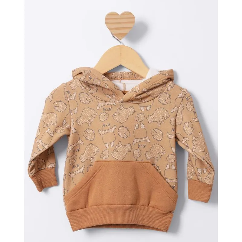 Blusão Moletom Bebê Com Capuz Estampado Bolso Canguru Bege P
