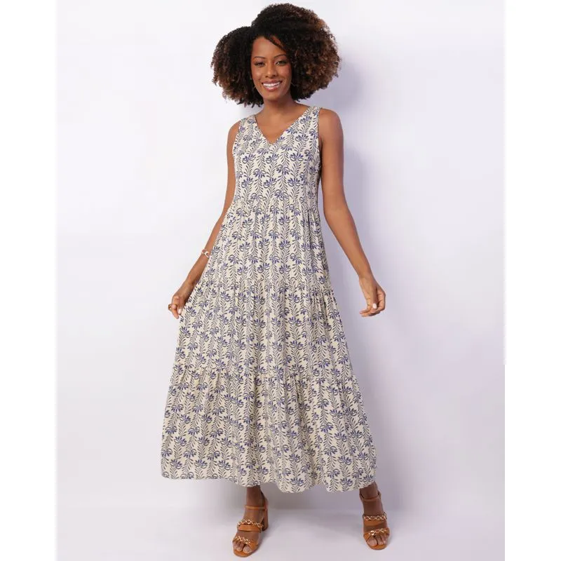 Vestido Feminino Viscose Longo Berry & Co. Estampado Bege GG