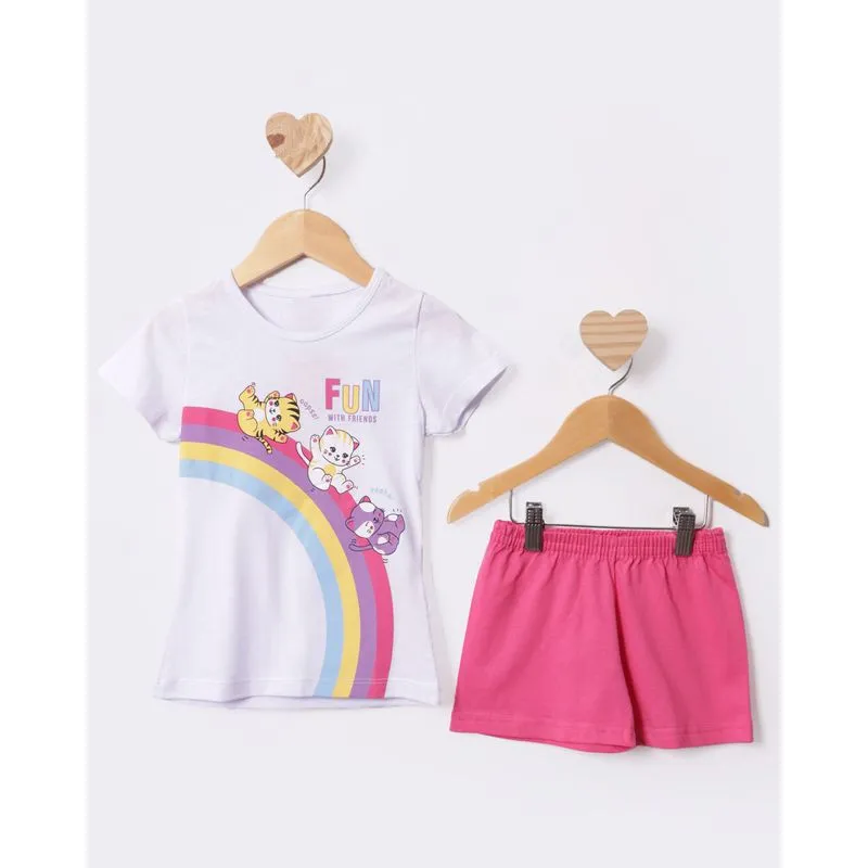 Pijama Bebê Curto Estampa Frontal Gatinho Branco 1