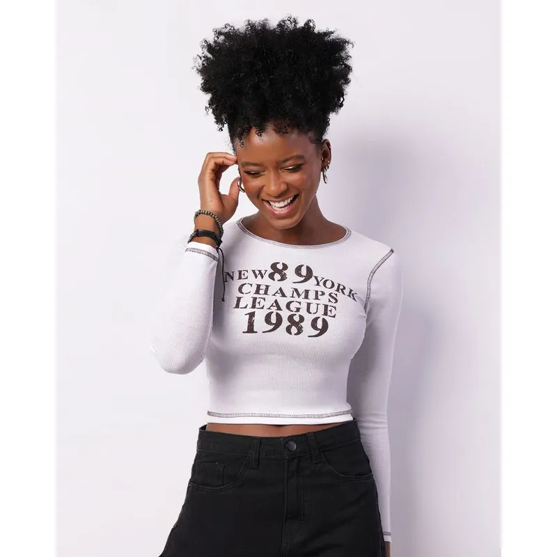 Blusa Feminina Canelada Manga Longa Estampa Frontal Branca GG