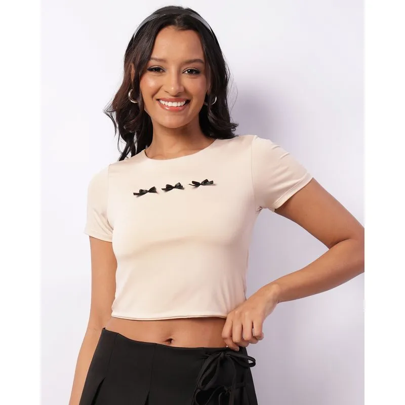 Blusa Feminina Cropped Manga Curta Com Laços Bege P