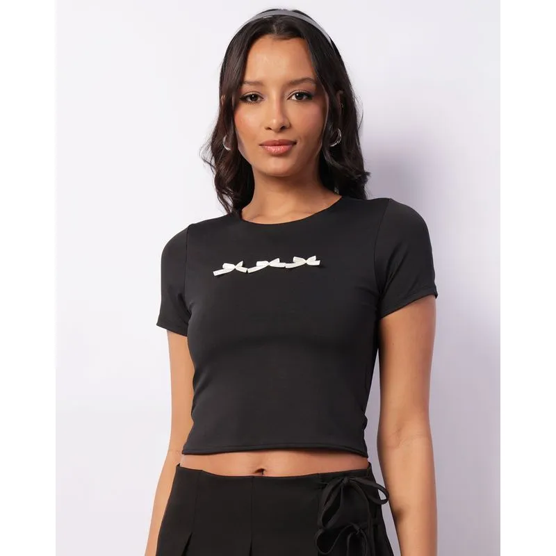 Blusa Feminina Cropped Manga Curta Com Laços Preta P