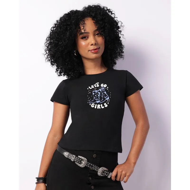 Blusa Feminina Manga Curta Estampa Frontal Preta M