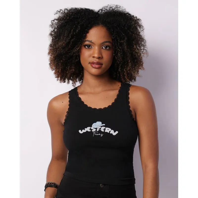 Regata Feminina Com Renda E Estampa Preta P