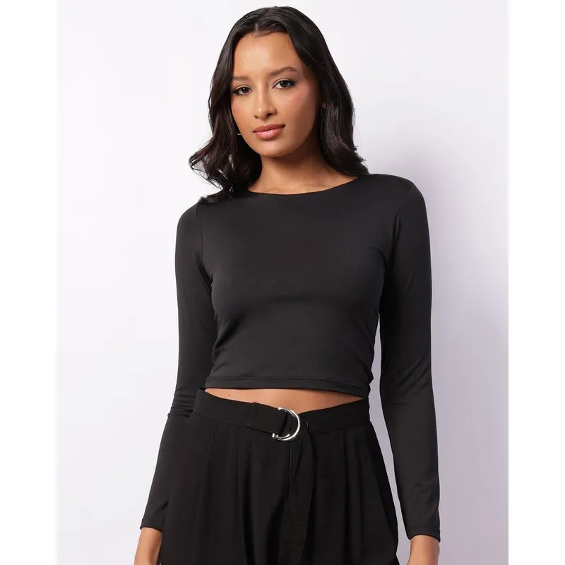 Blusa Feminina Cropped Manga Longa Preta GG
