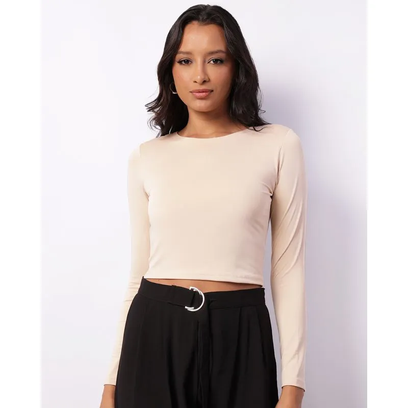 Blusa Feminina Cropped Manga Longa Bege M