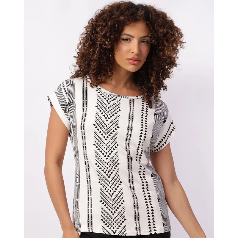 Blusa Feminina Decote Canoa Estampa Geométrica Off White M