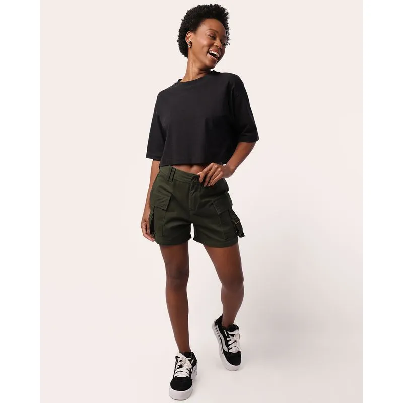 Short Jeans Feminino Cargo com Fivelas Verde 38