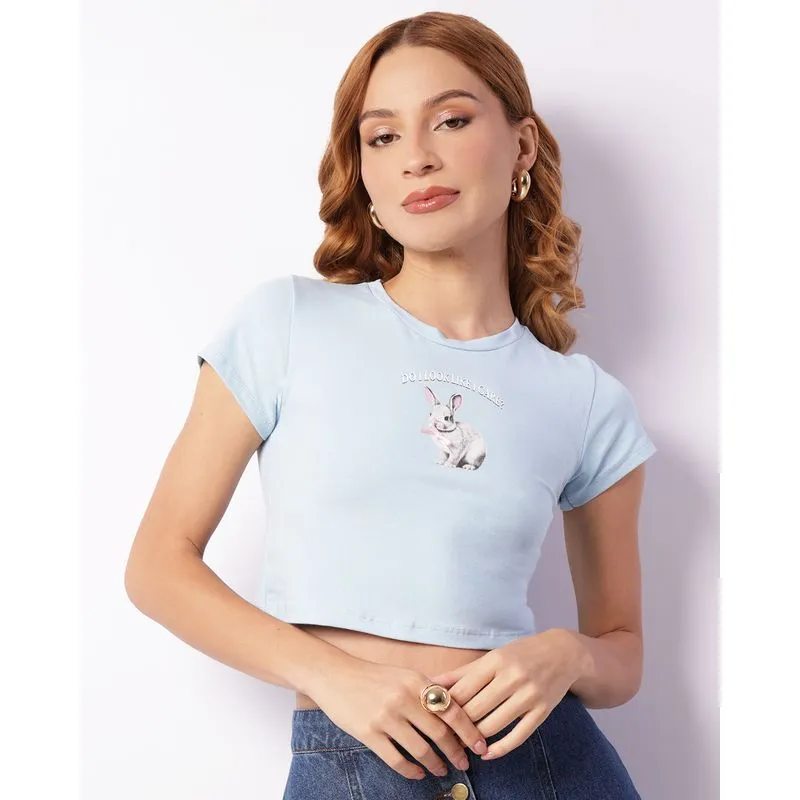 Blusa Feminina Cropped Estampa Frontal Azul P