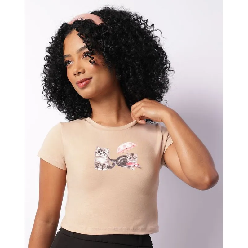 Blusa Feminina Cropped Estampa Frontal Bege PP