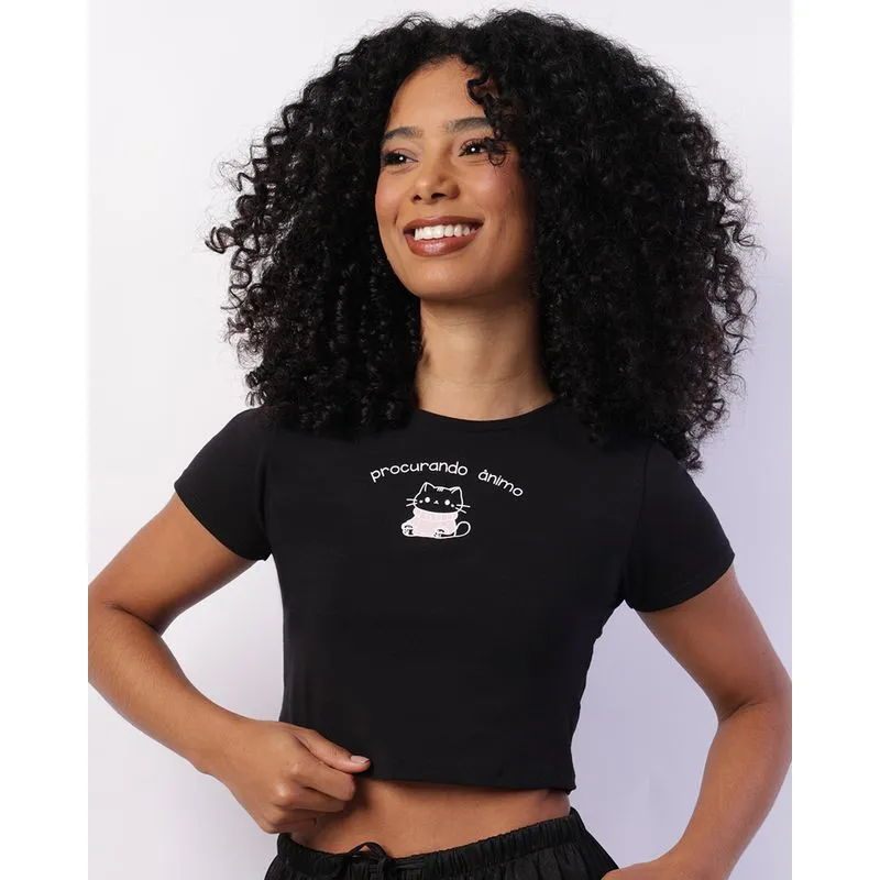 Blusa Feminina Cropped com Estampa Manga Curta Preta GG