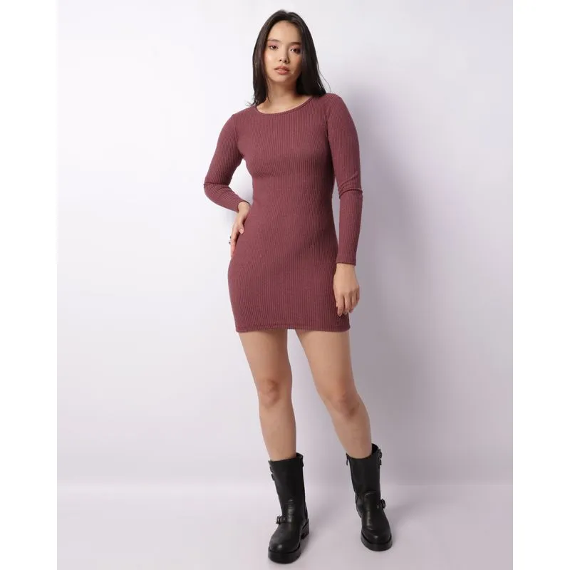Vestido Feminino Curto Manga Longa Cotelê Costas Aberta Vinho G
