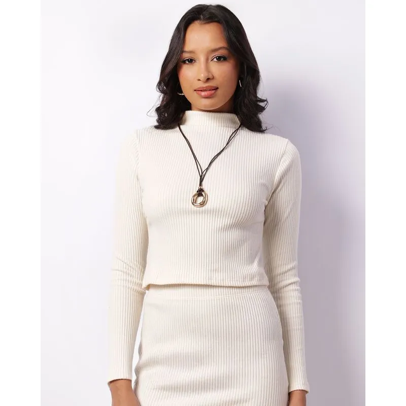 Blusa Cropped Feminino Canelado Manga Longa Off White M