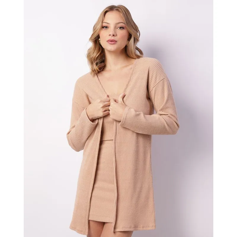 Cardigan Feminina Tricô Canelada Bege M