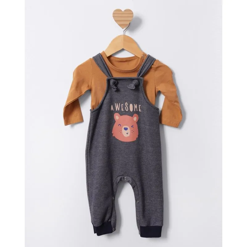 Conjunto Jardineira Bebê Moletinho Estampa Urso Marinho M