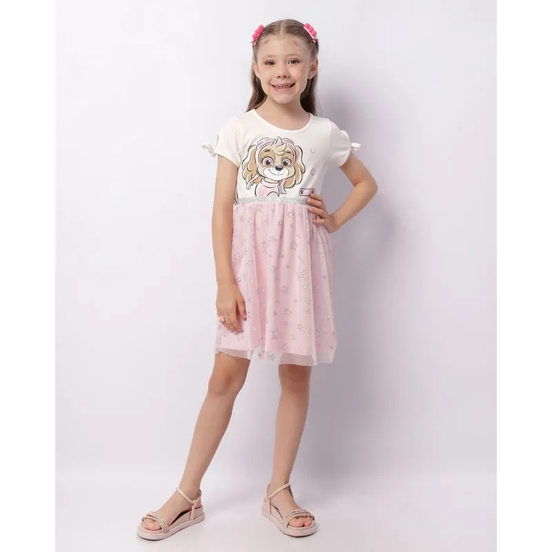 Vestido Infantil Curto Skye Patrulha Canina Com Tule E Glitter Rosa 4