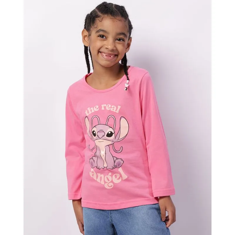 Camiseta Infantil Disney Angel Stitch Manga Longa Rosa 8
