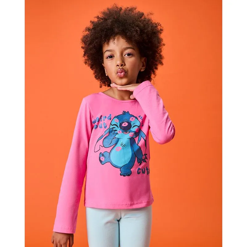 Camiseta Infantil Disney Stitch Manga Longa Rosa 6
