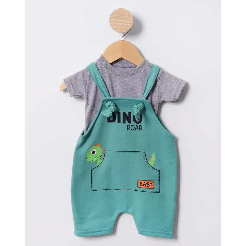 Conjunto Jardineira Bebê Moletinho Estampa Dinossauro Cinza M