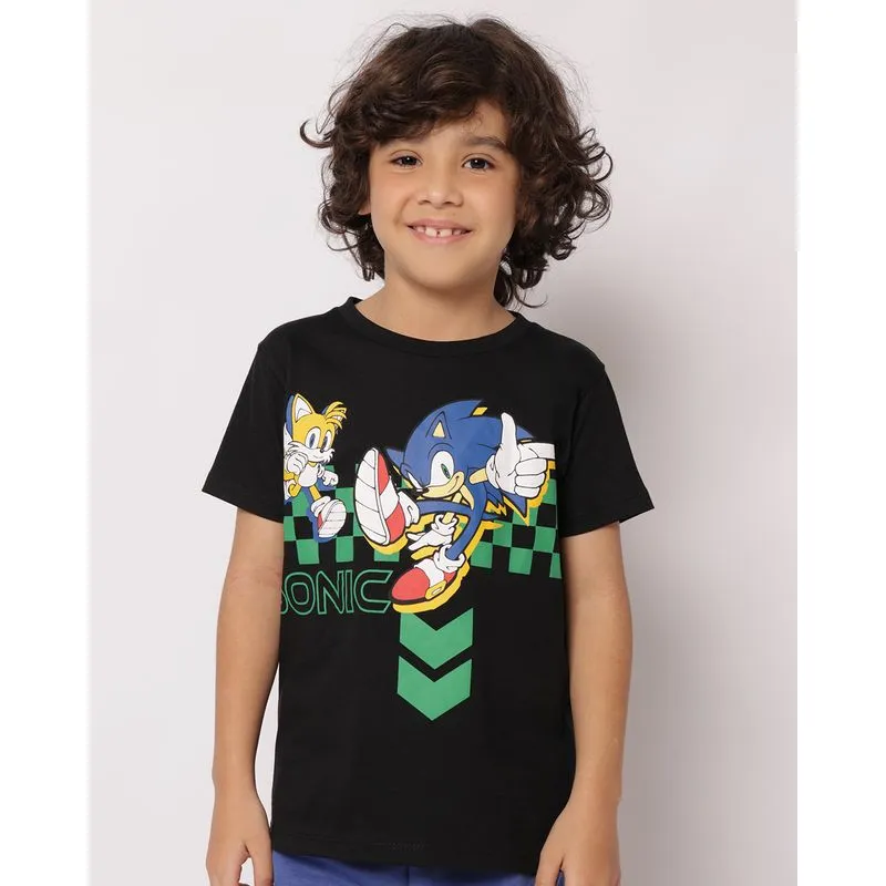 Camiseta Infantil Algodão Sonic Manga Curta Preta 6