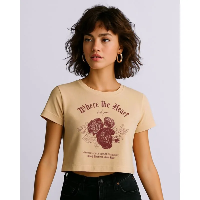 Camiseta Feminina Cropped com Estampa Manga Curta Bege P