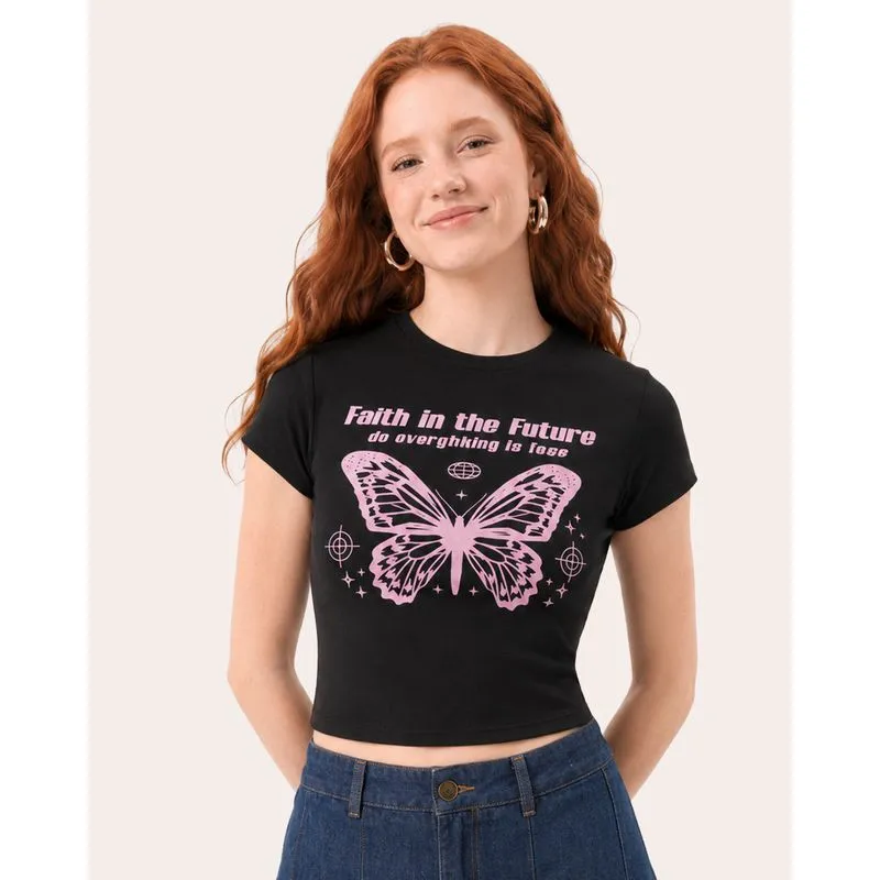 Blusa Feminina Cropped Estampa Borboleta Preta G