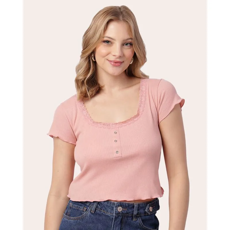 Blusa Feminina Cropped Canelada Detalhe Renda Rosa GG