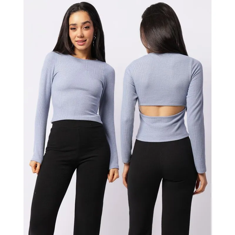 Blusa Feminina Cropped Texturizada Abertura Nas Costas Azul M