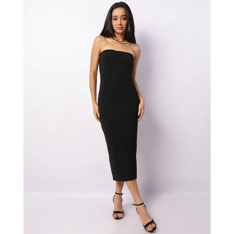 Vestido Feminino Midi Texturizado Tomara Que Caia Preto M