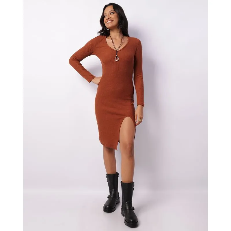 Vestido Feminino Curto Texturizado Manga Longa Marrom G